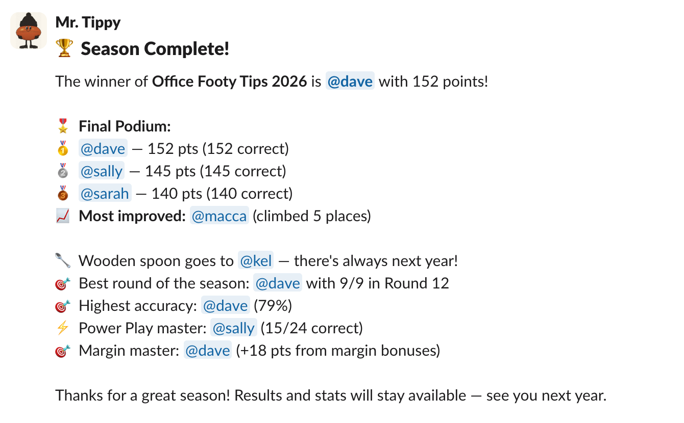 Slack message celebrating the end-of-season tipping winner