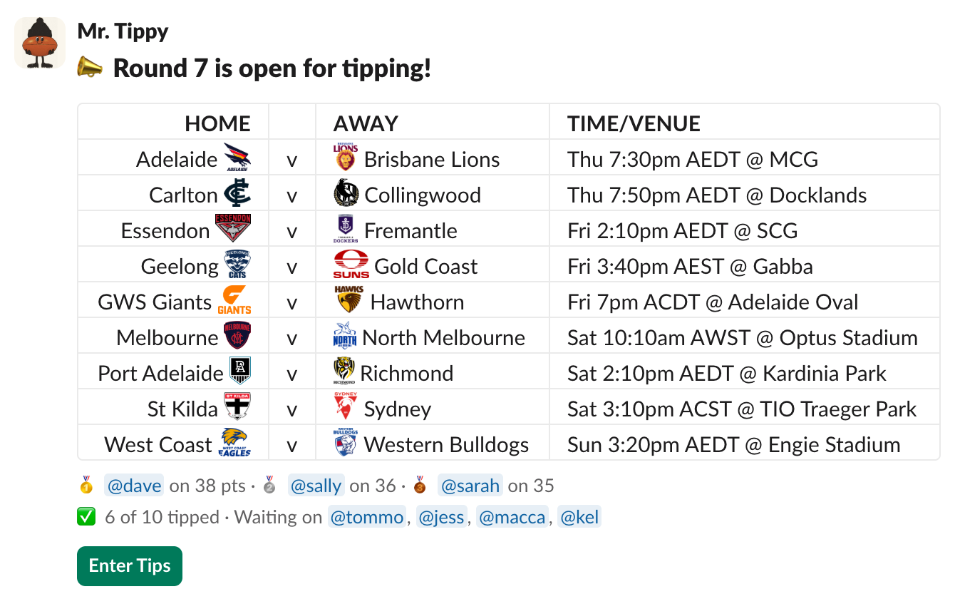 Slack message showing AFL round fixtures with an Enter Tips button