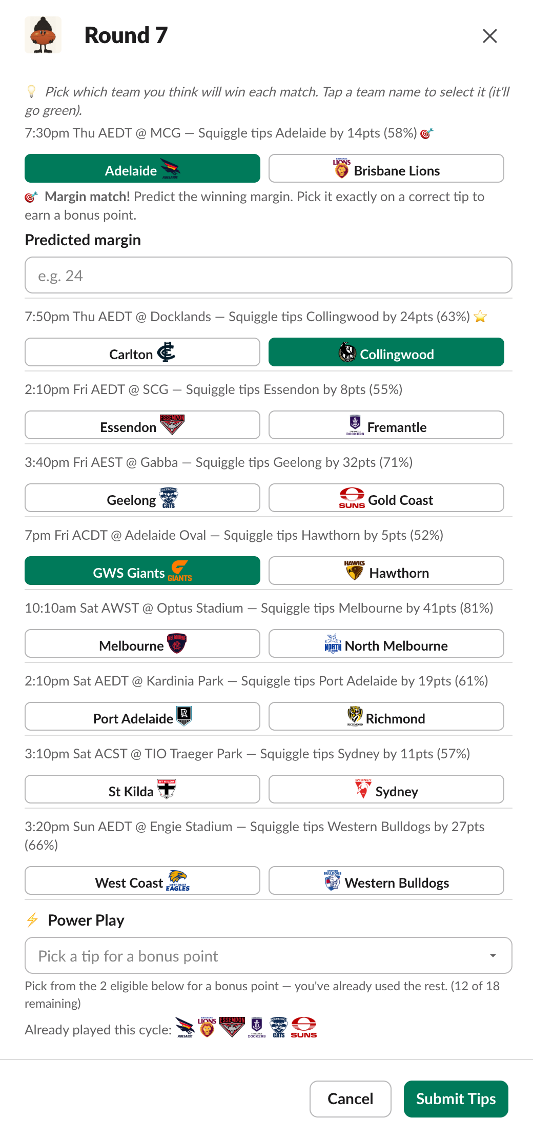 Slack modal for entering AFL tipping picks